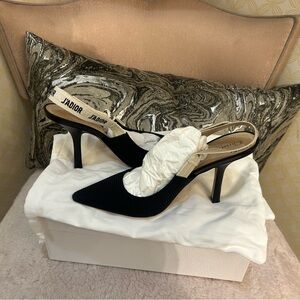 Dior Black Pointed Ribbed Slingback Heels with J'Adior Ribbon